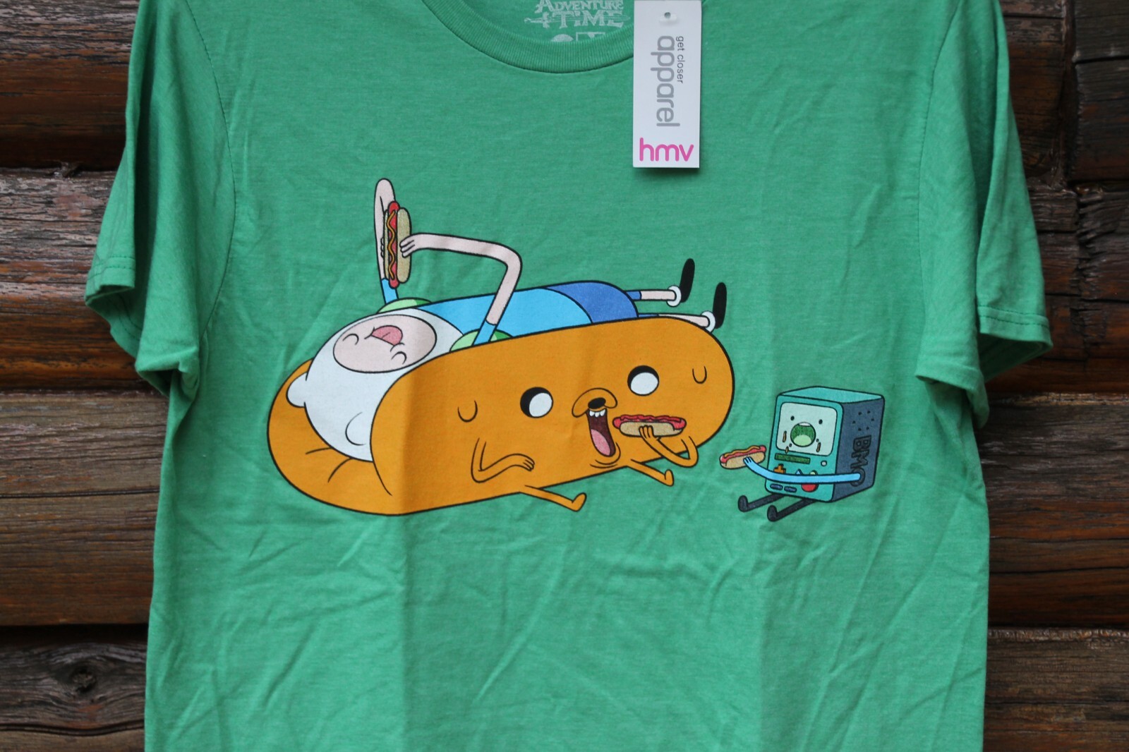 Adventure Time Cartoon Network Jake Finn BMO Hot Dog Green Shirt Size Medium NWT