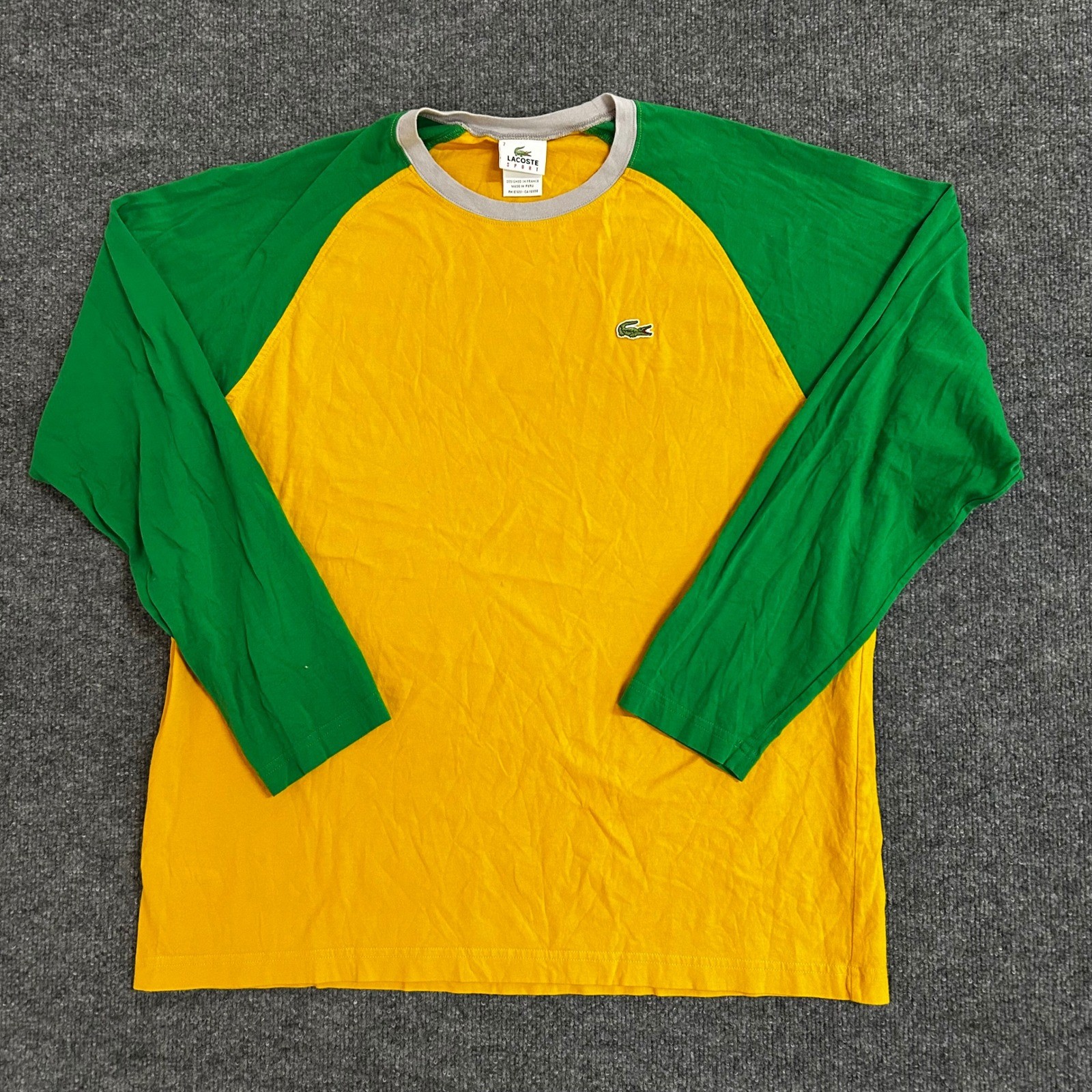 Lacoste Shirt Mens Size 7 Yellow Green Raglan Long Sleeve Cotton Sport Casual