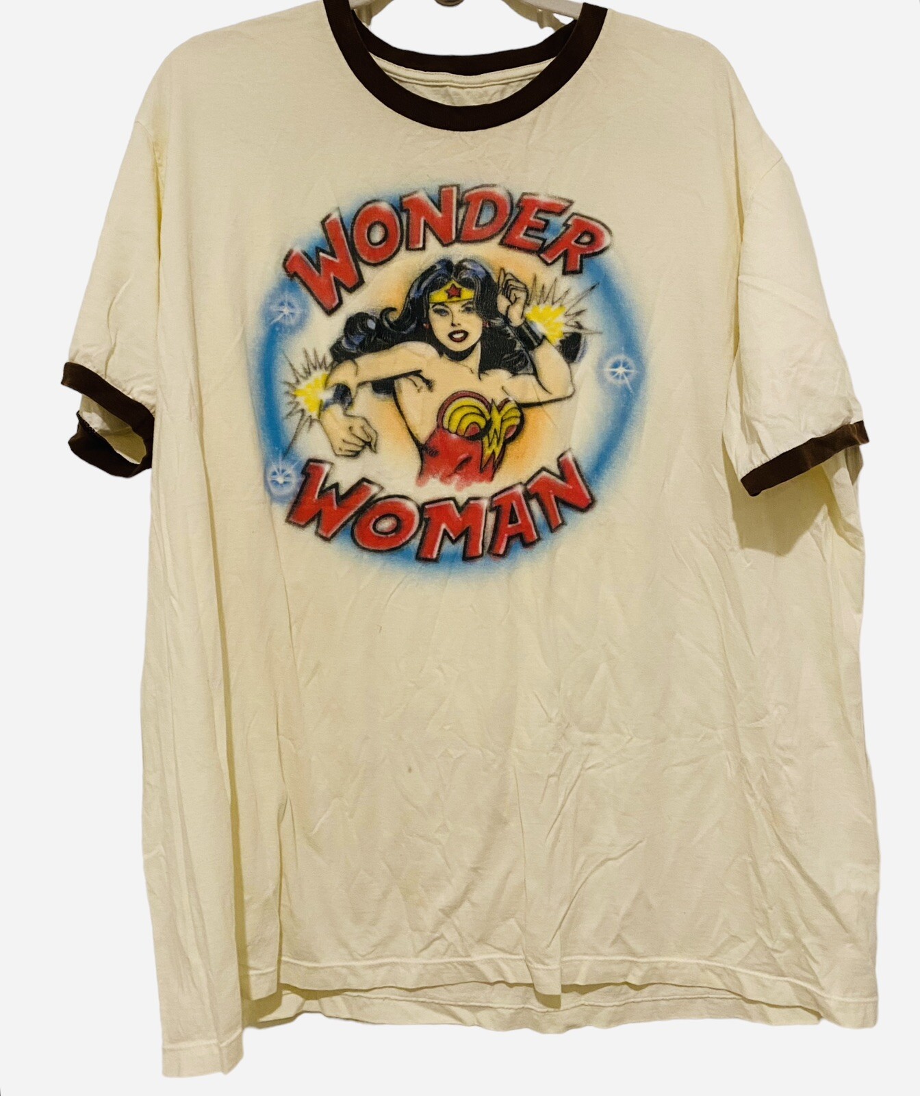 Wonder Woman Airbrush Graphic Ringer Shirt Plus Size DC Comics Beige Brown 2XL