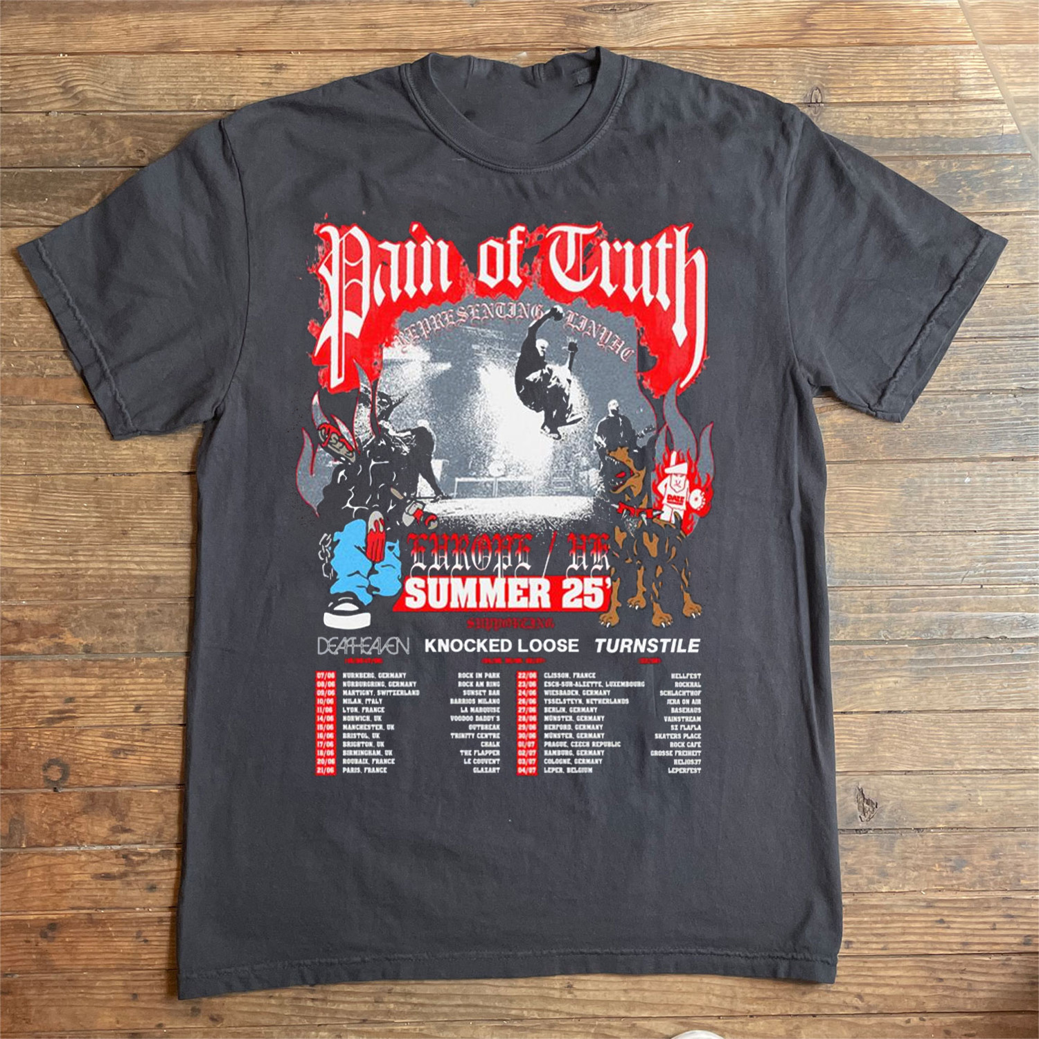 Pain Of Truth Europe UK Summer 2025 Poster T Shirt Charcoal All Size