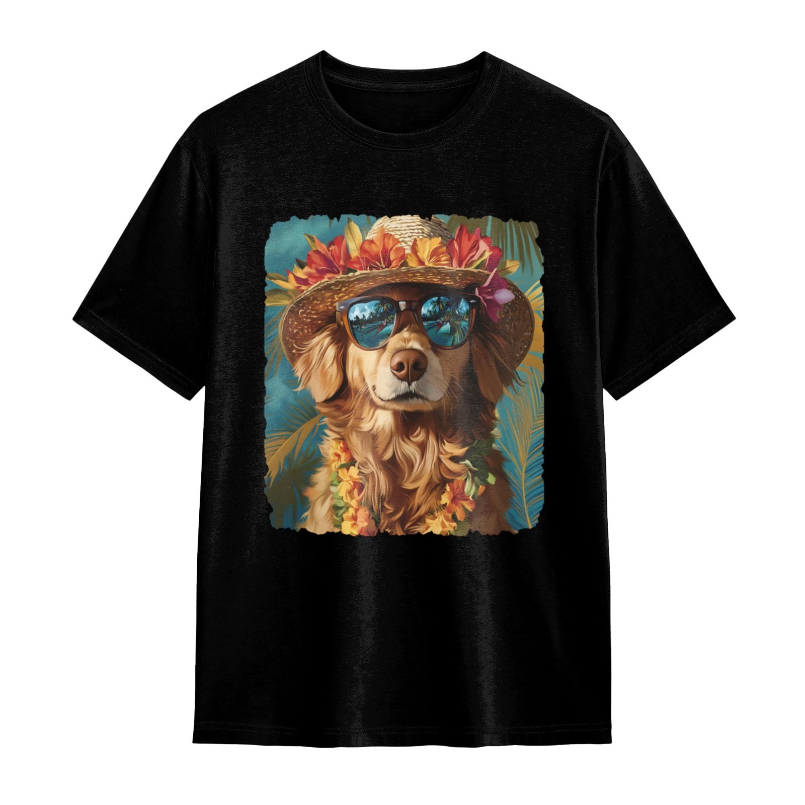 Tropical Hawaiian Vacation Golden Retriever Art Print Tee Funny Summer Dog