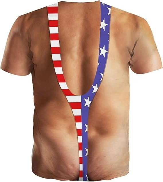 Funny USA Flag Borat Swimsuit T-Shirt 3D Hairy Chest Bikini Graphic Gag Gift Tee