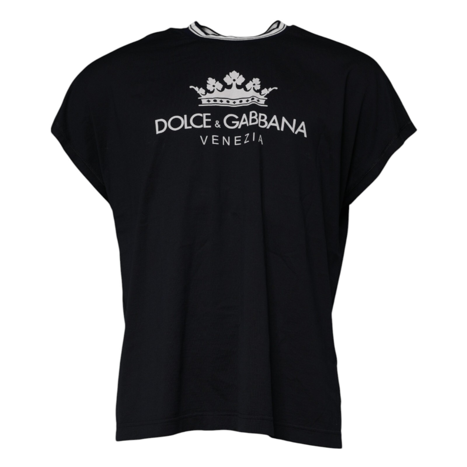 DOLCE & GABBANA T-shirt Dark Blue Logo Crown Cotton Crew Neck IT46/US36/S 370usd