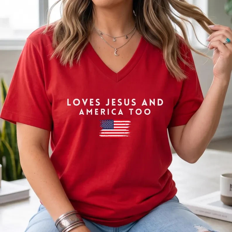 Jesus And America Too V-Neck T-Shirt Christian Patriotic Graphic Tee