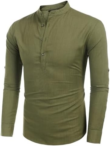 Men’s Shirt Long Sleeve Army Green Relaxed Fit Summer Cotton,Linen Lightweight