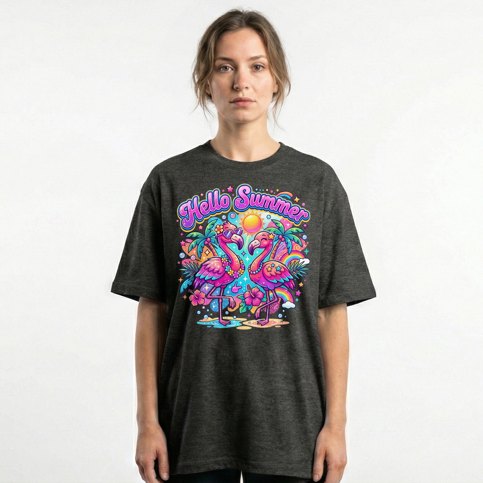 Hello Summer Tropical Flamingo T-Shirt Retro Neon Beach Vacation Holiday Tee