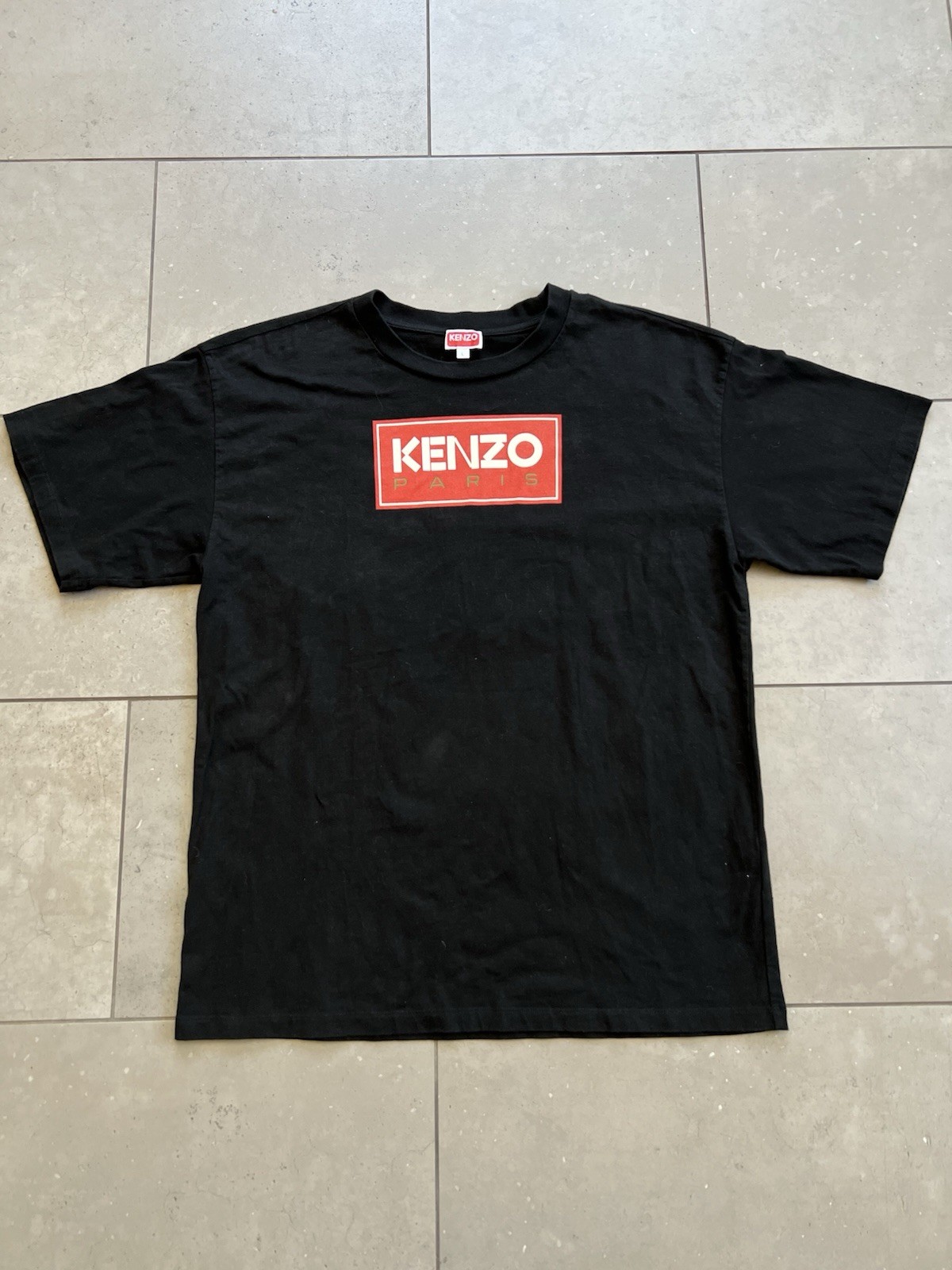 KENZO Paris Box Logo Brand Spell Out Short Sleeve Black Tee Shirt Size Large