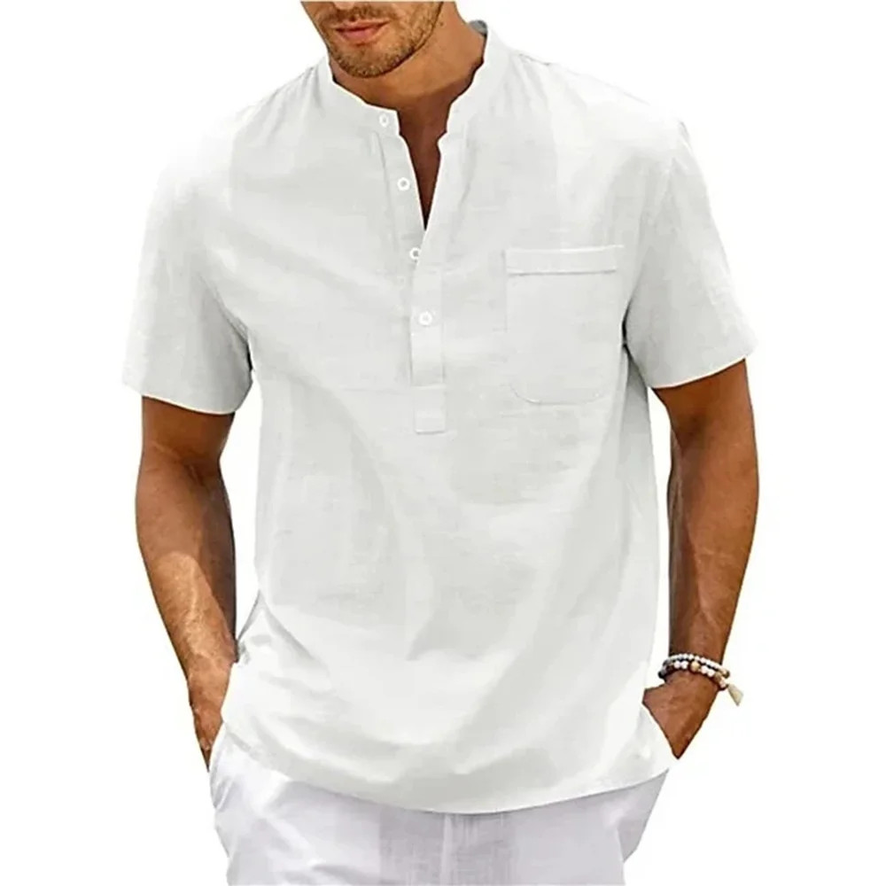 Cotton Linen Shirt Men Henley Neck Pocket Casual Beach Short Sleeve Solid Color