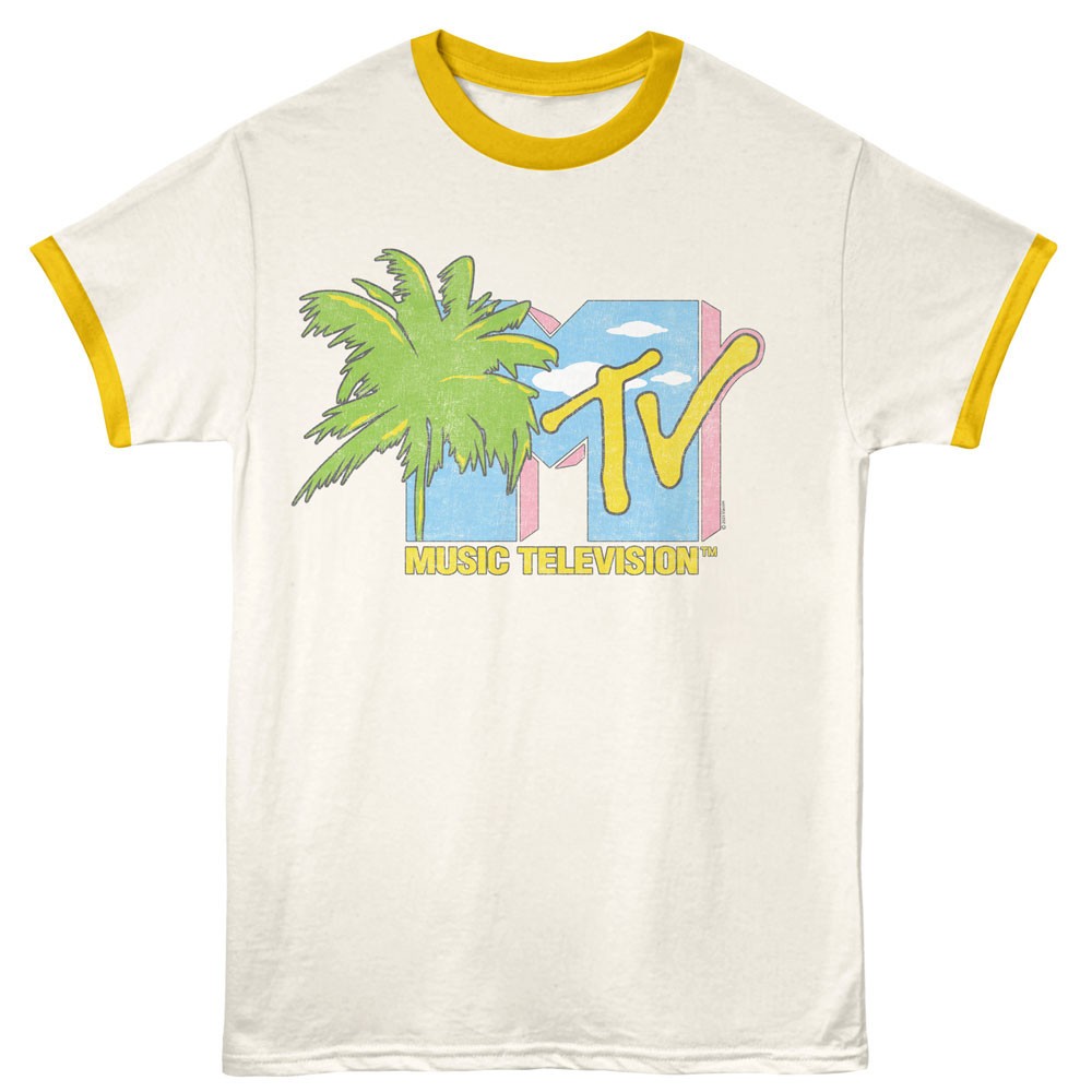 MTV Music Television Palm Tree Clouds Show Logo Men’s Ringer T Shirt