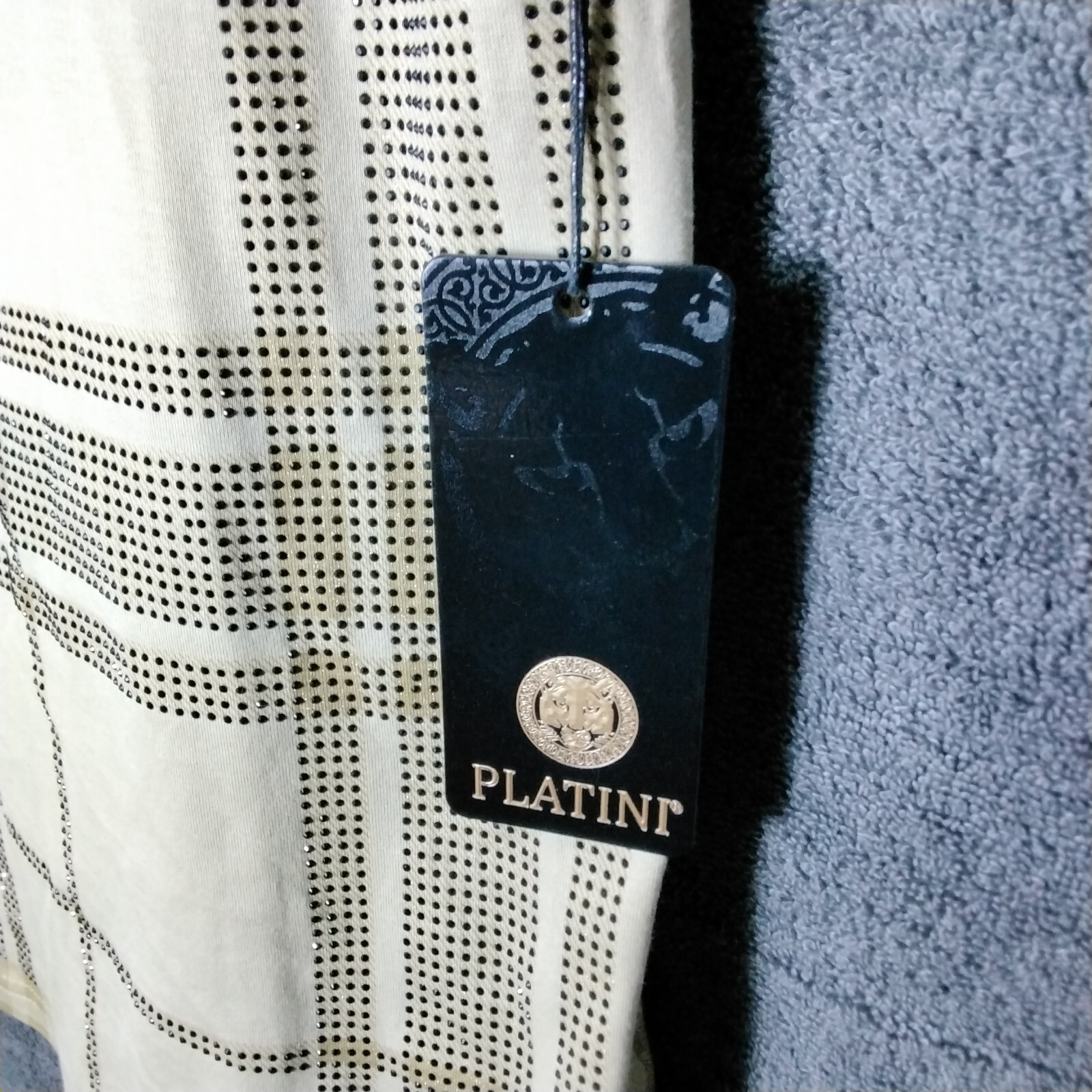 Platini Black Label Shirt Mens Size XL Beige Geometric Beaded Short Sleeve