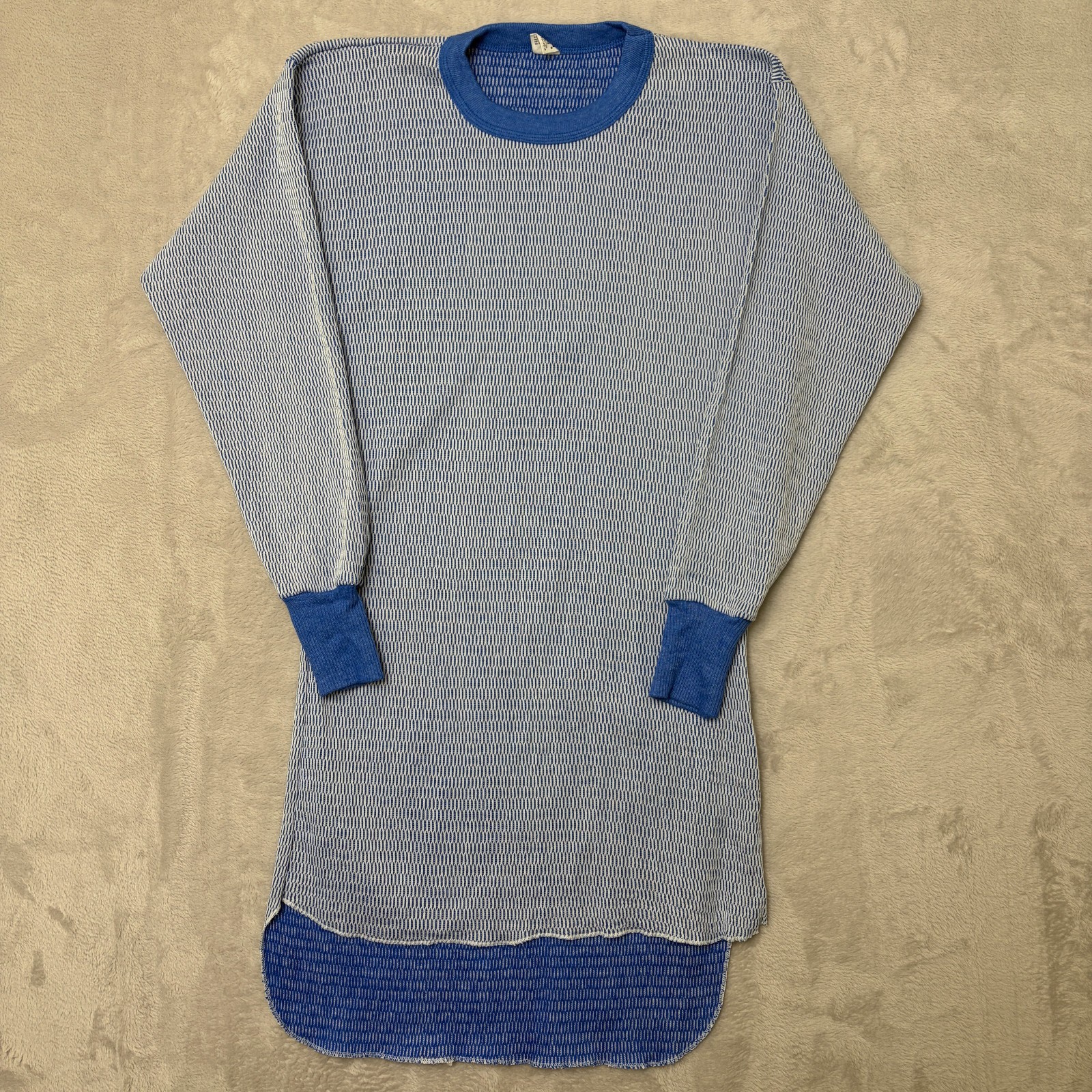 Hanes Vintage Thermal Top Blue/White Textured Weave Pattern XL 50/50 blend knit