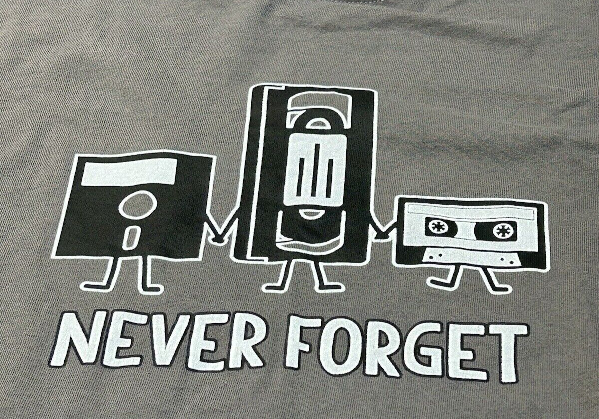 T Shirt Large Unisex Adult Gray Media 80s Retro Disc Tape CD VHS Music Gen X