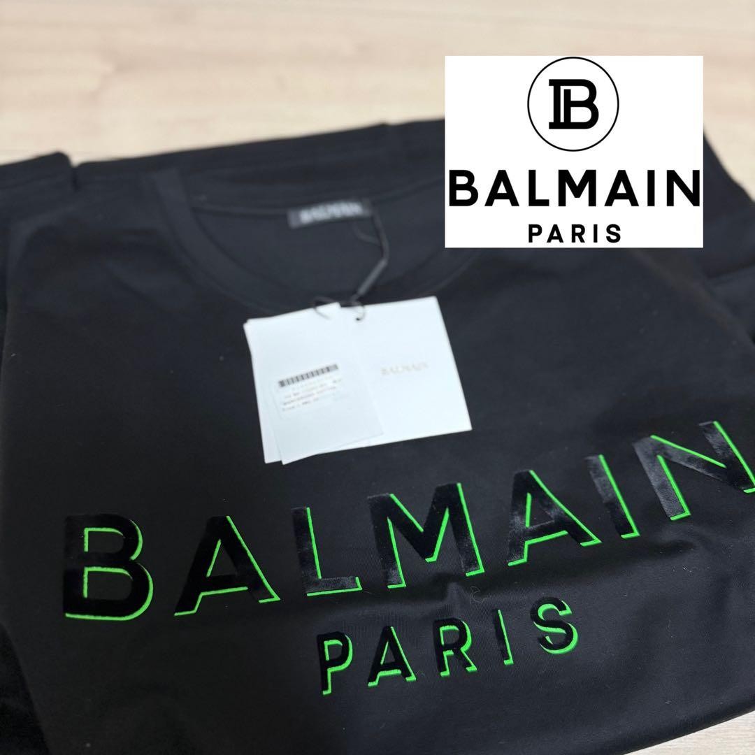 Balmain Men’s Logo T-Shirt Black Green Foil Velour