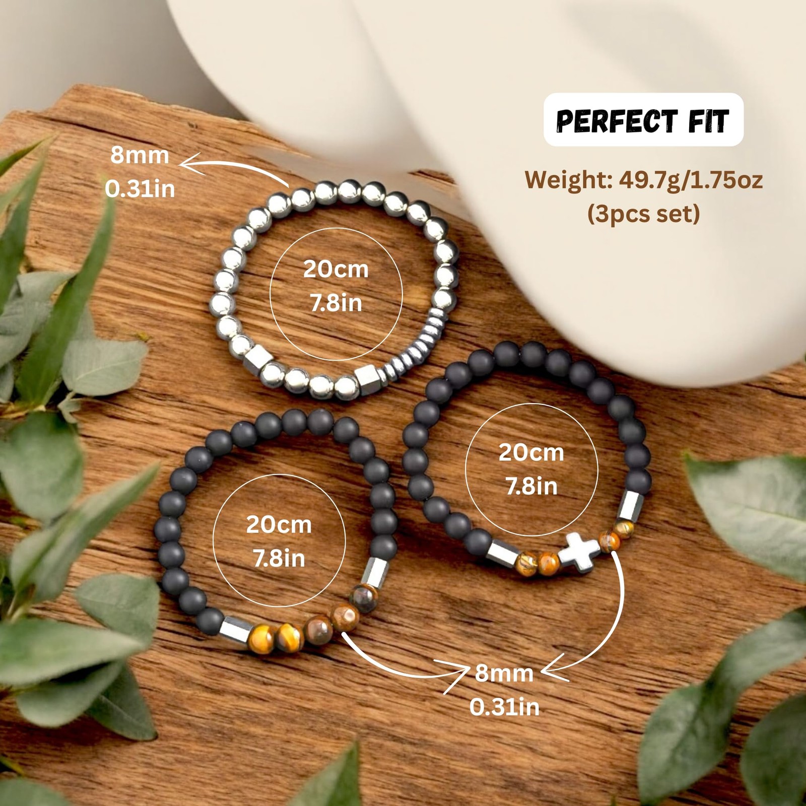 3 PCS Triple Protection Bracelet Set for Men Tiger Eye, Hematite, Onyx Beaded…