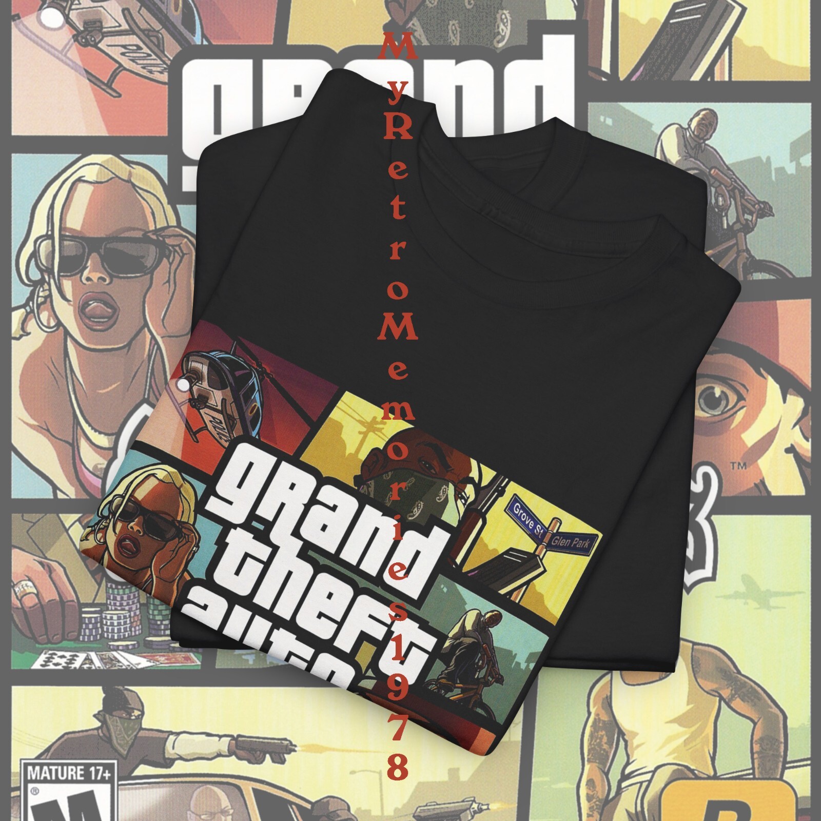 Grand Theft Auto San Andreas GTA Box Art Design Black T-Shirt S-5XL Retro Tee