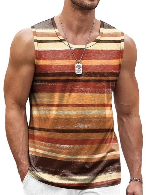 Men’s Striped Gym Tank Top Summer Beach Muscle Sleeveless Shirt Casual Vest S-6X