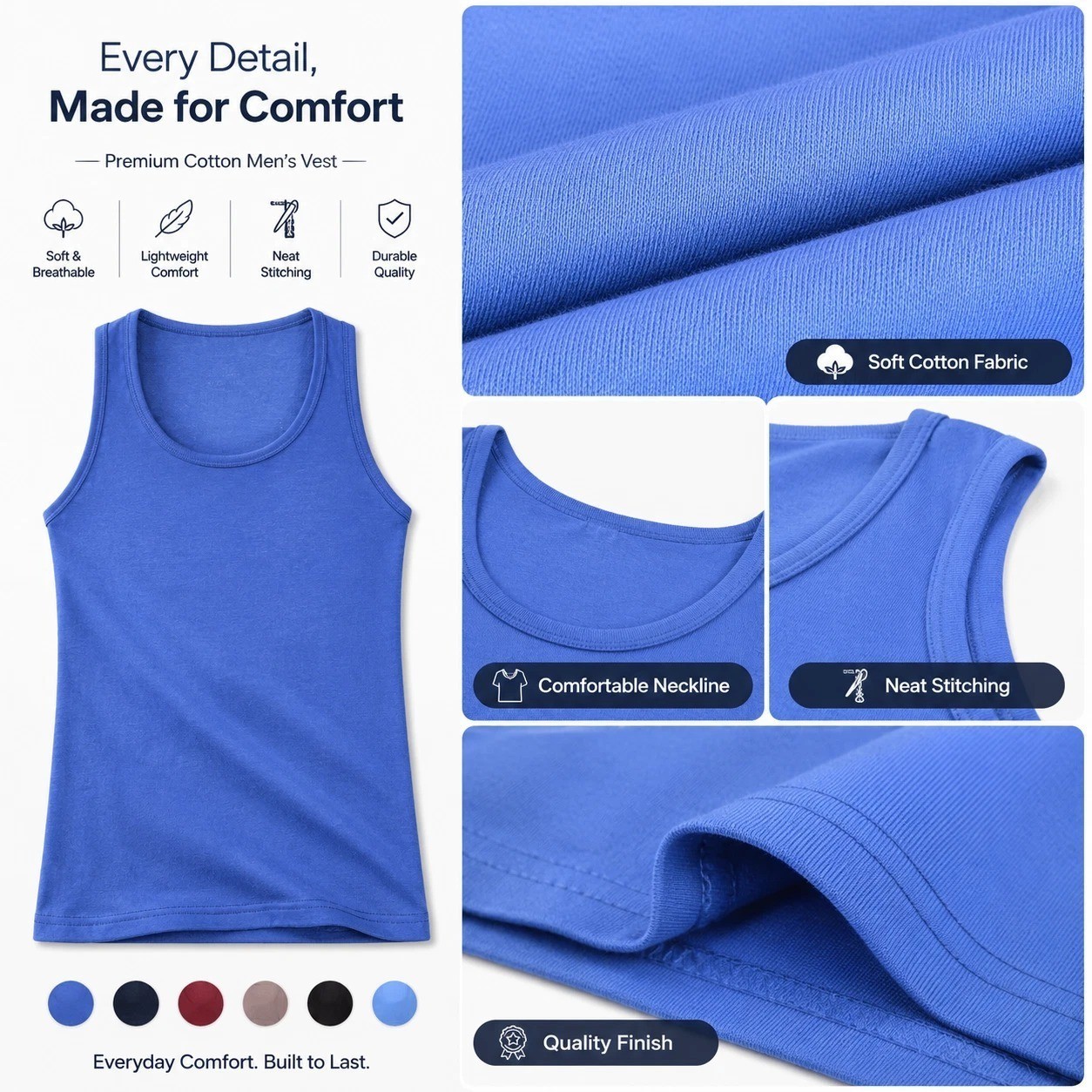 Men’s Sleeveless Vest 100% Cotton Plain Classic Vests Summer Training Gym Tank