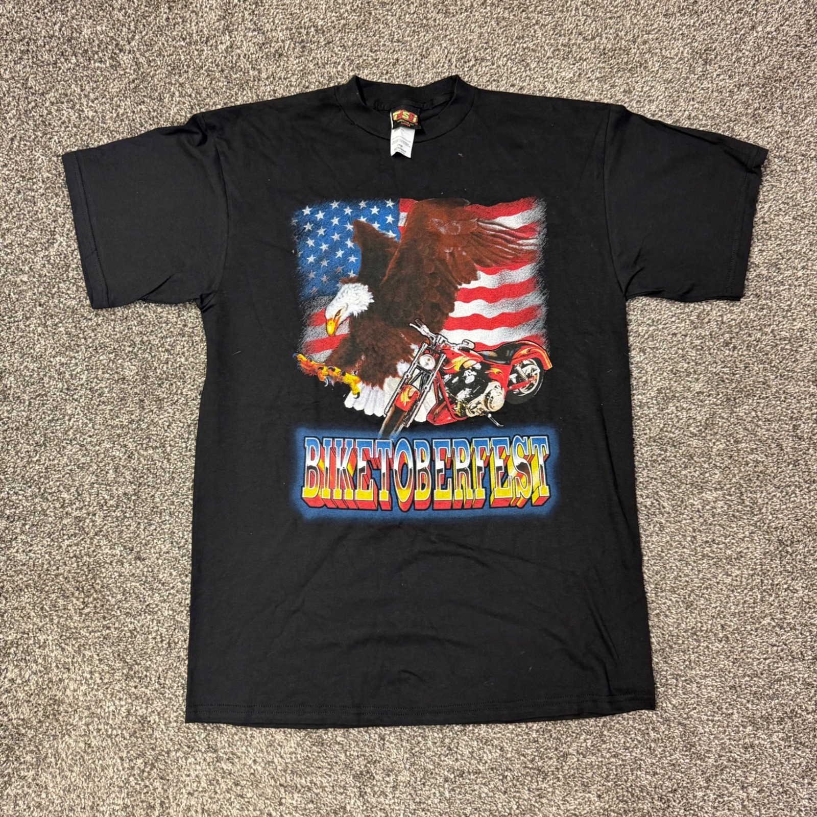 Vintage TSI Biketoberfest Motorcycle Eagle American Flag T-Shirt Mens L Black
