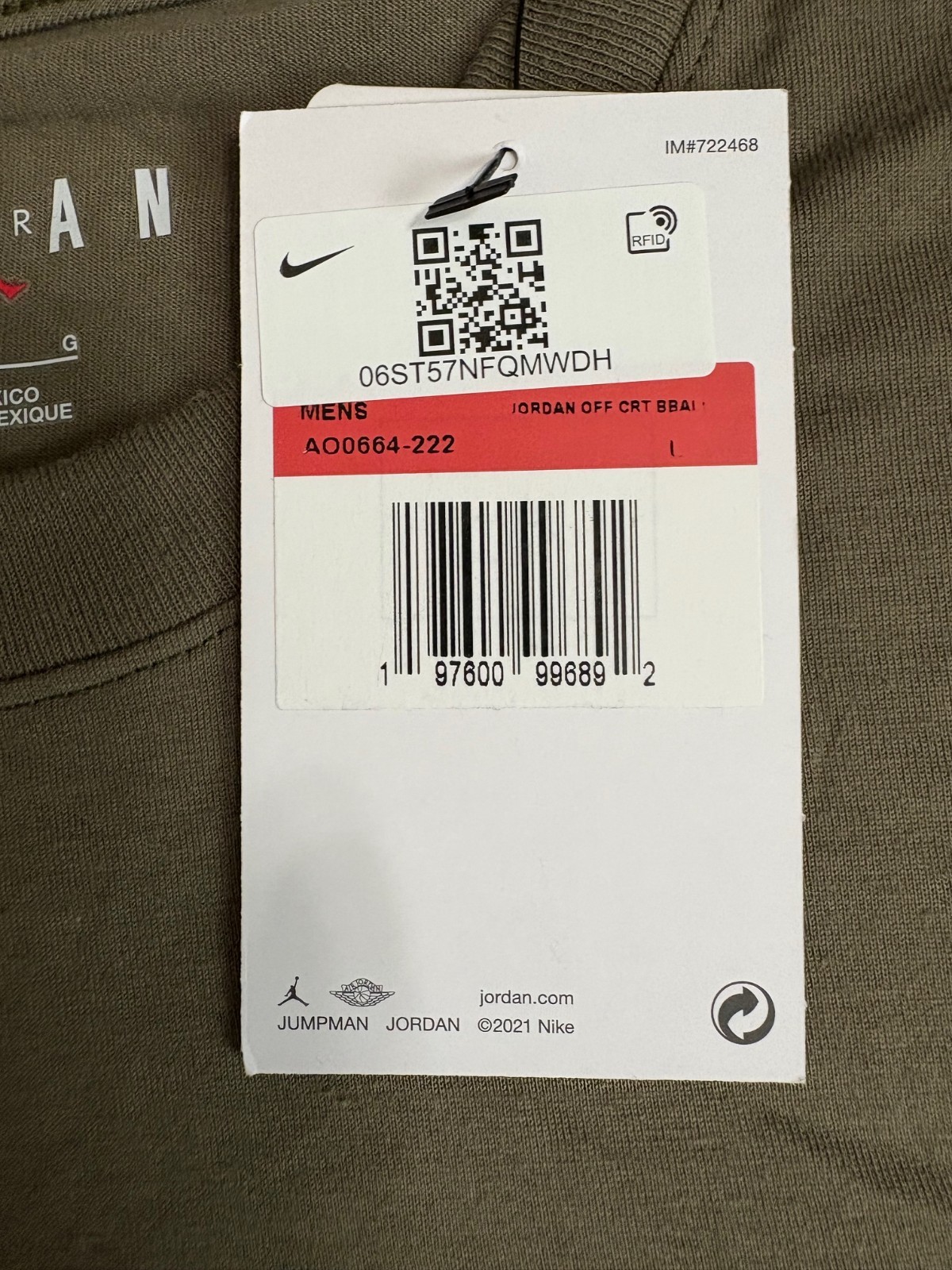 Nike Air Jordan Men’s Olive Green T-Shirt Jumpman Logo Sz Large NEW AO0664-222