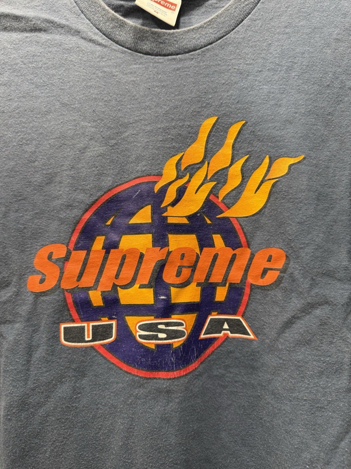 Supreme FW17 Flames Blue T-Shirt Size Medium Distressed Faded See Pics