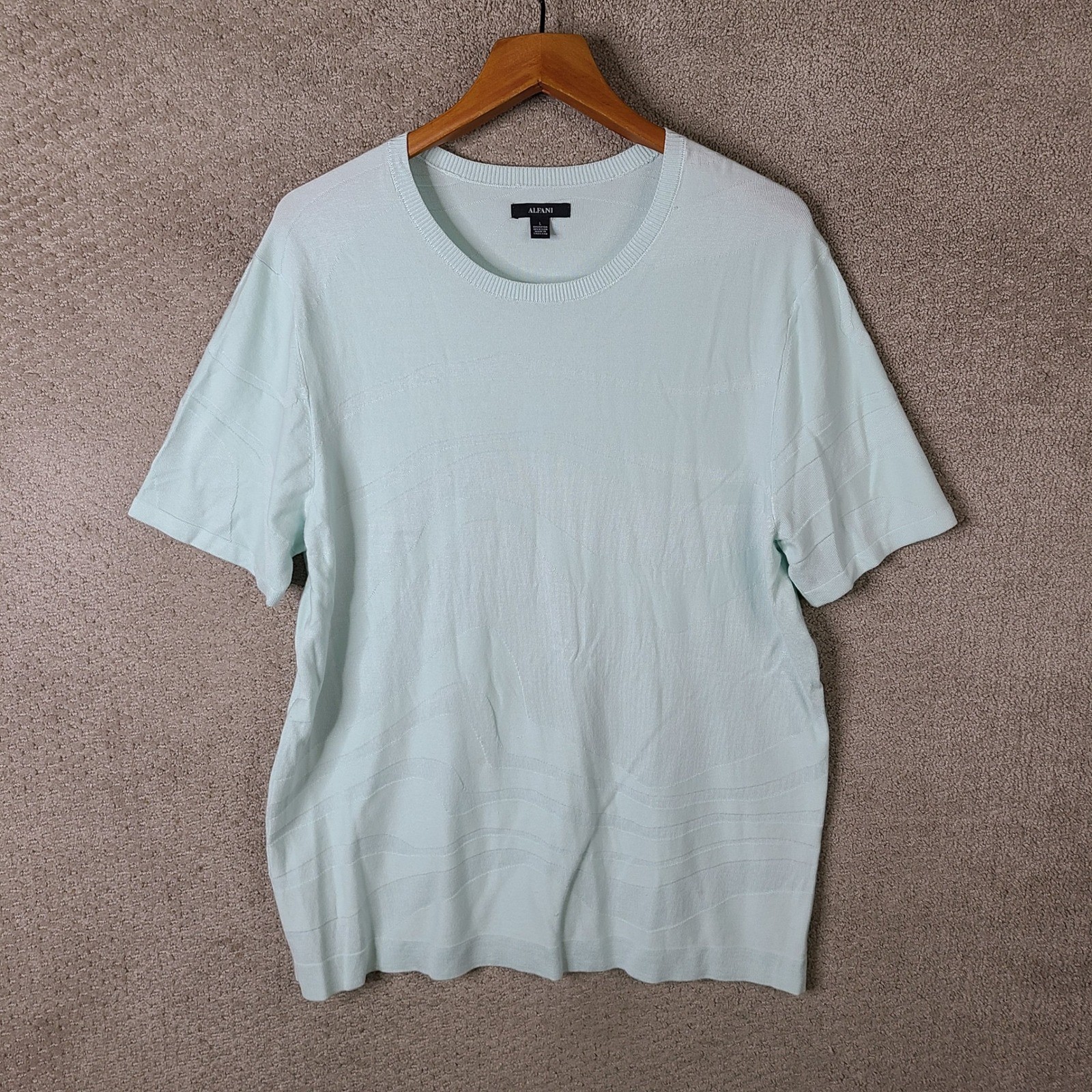 Alfani Shirt Mens Large Light Blue Textured Short Sleeve Rayon Nylon Casual