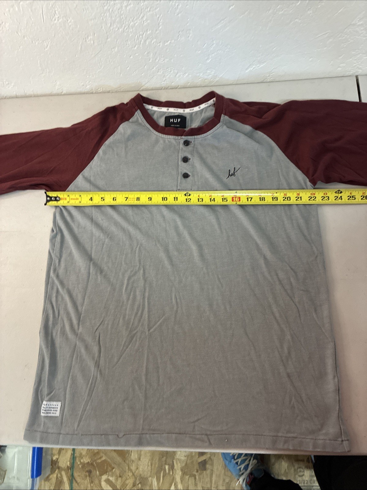 Men’s HUF 2-tone Casual Pullover Long-Sleeve Shirt Sz XL Cotton Tee Gray/crimson