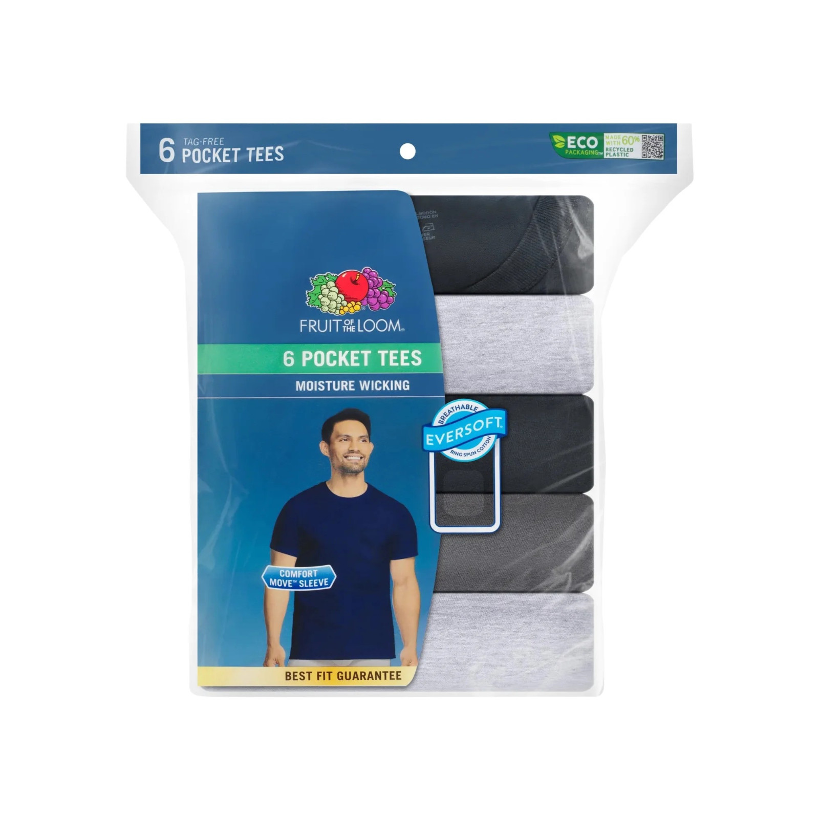 Fruit of the Loom 6-Pack Pocket Tee Men’s T-Shirt Soft and Breathable Assorted