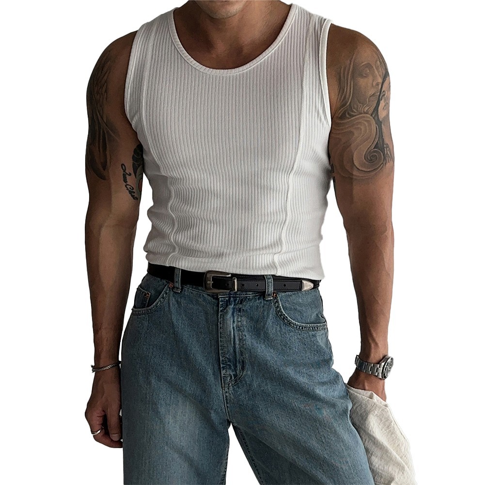 Male Top Mens Vest Casual Minimalist O-Neck Regular Ribbed Sleeveless Slim