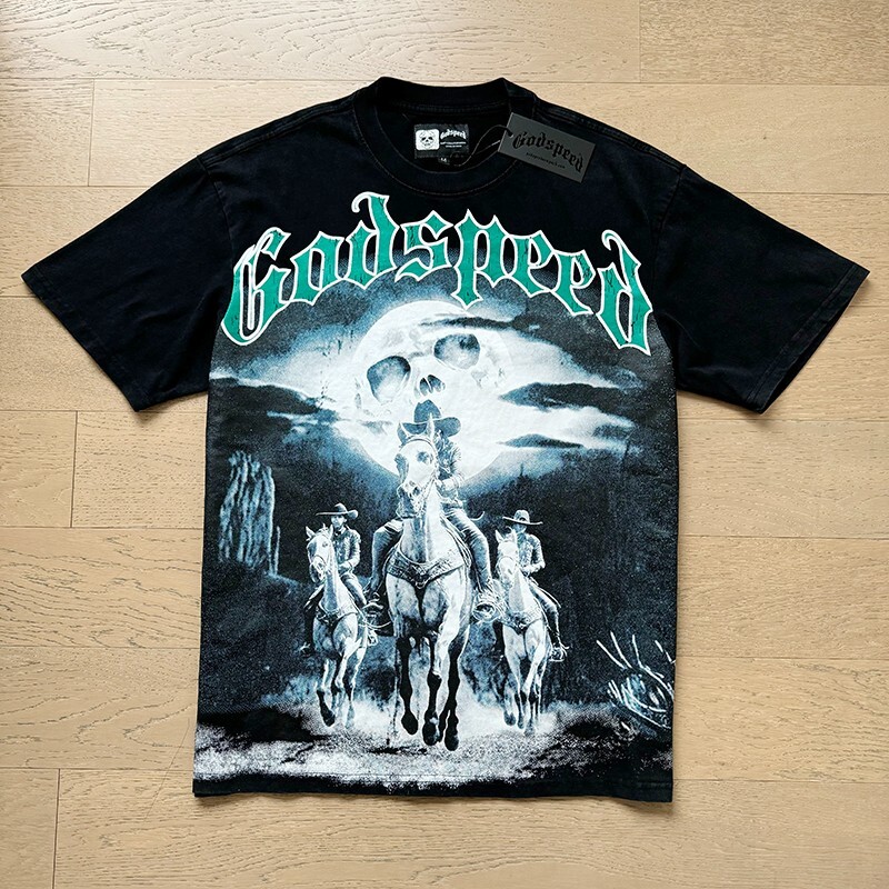 25/SS NEW Godspeed Rock Skeleton Knight print pattern Tee Washed Mens T-shirt