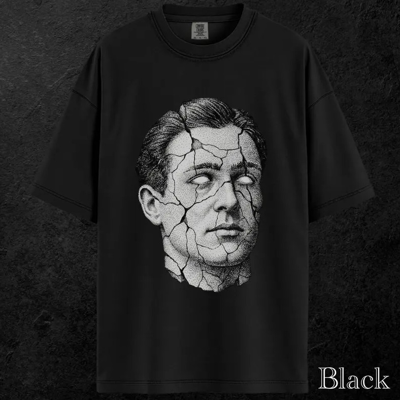 Cracked Face Gothic T-Shirt Dark Art Monochrome Graphic Tee