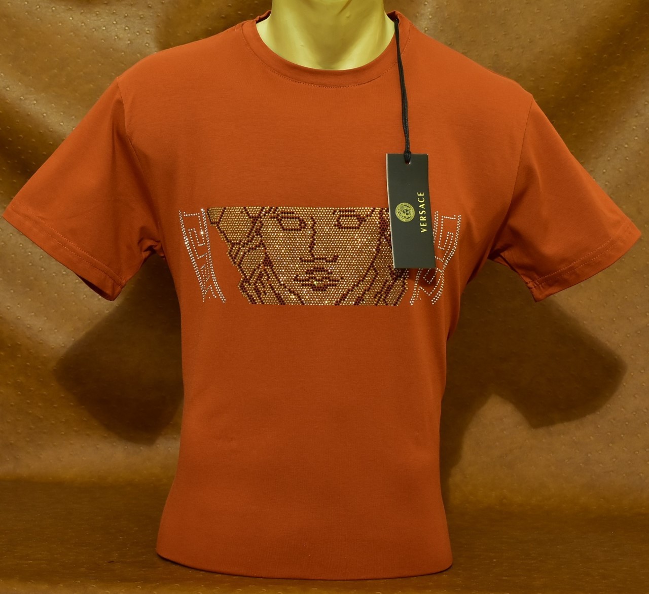 Men’s Versace Medusa Style Rhinestone T-Shirt Rust Luxury Designer US Size M