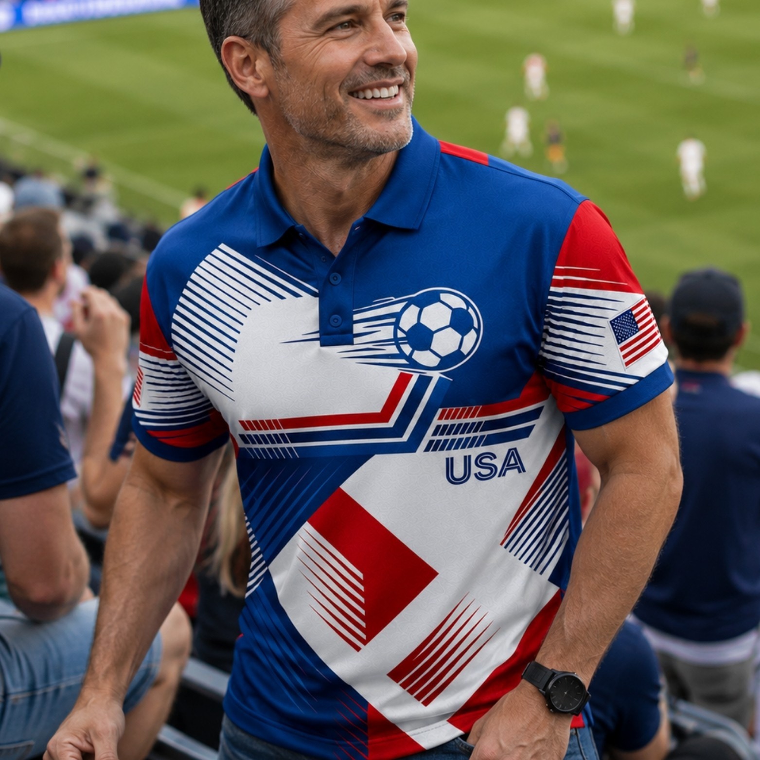USA Soccer Polo Shirt Mens Patriotic American Flag Soccer Fan July 4th (S-5XL)