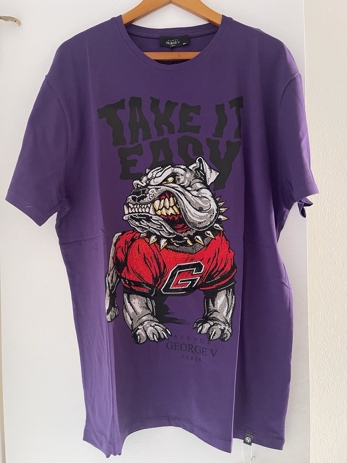 Avenue George V Paris T-Shirt Royal Bulldog Rhinestone Men’s Purple Fitted Tee