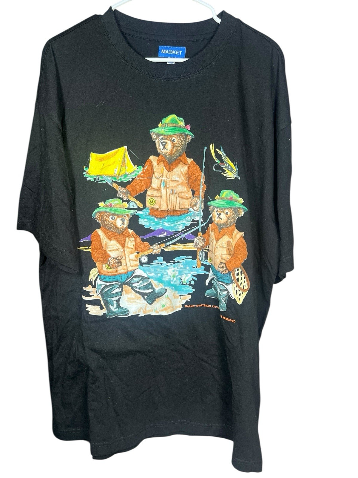 Vintage Y2K Market Sportsman Fishing Bears Graphic T-Shirt XL Black Outdoors