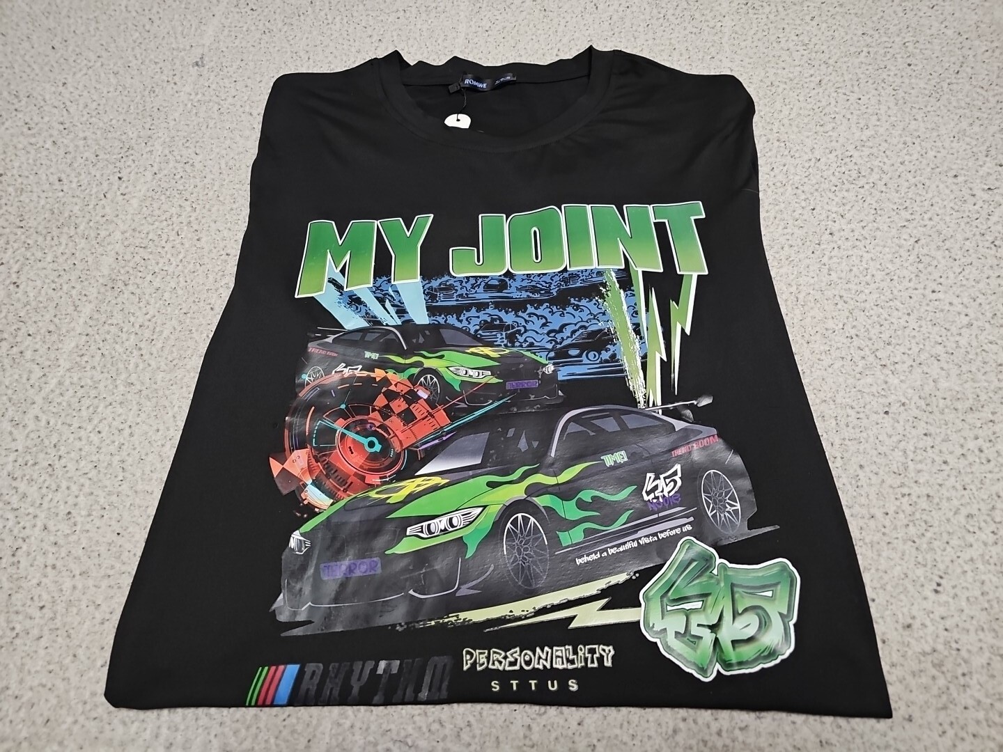NEW ROMWE “MY JOINT Rhythm Personality STTUS” Black S/S TShirt SZ Medium