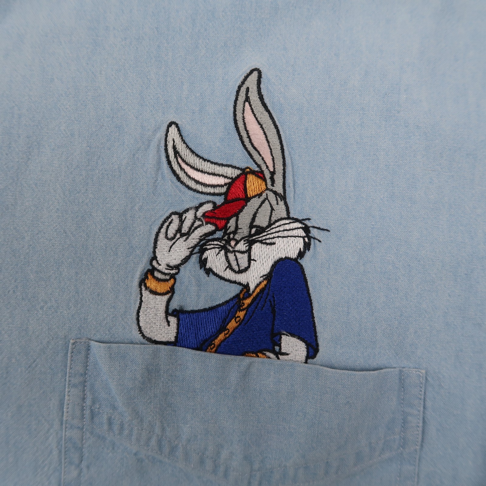 Vintage 90s Looney Tunes Chambray Denim Shirt Bugs Bunny Taz Medium M