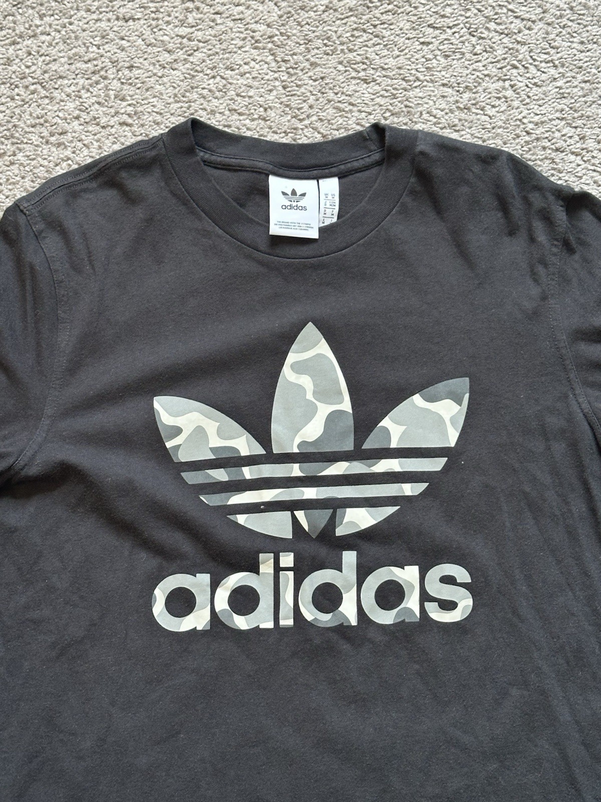 adidas Originals Mens Black Camo Trefoil Graphic Logo Tee Crew Neck Size M