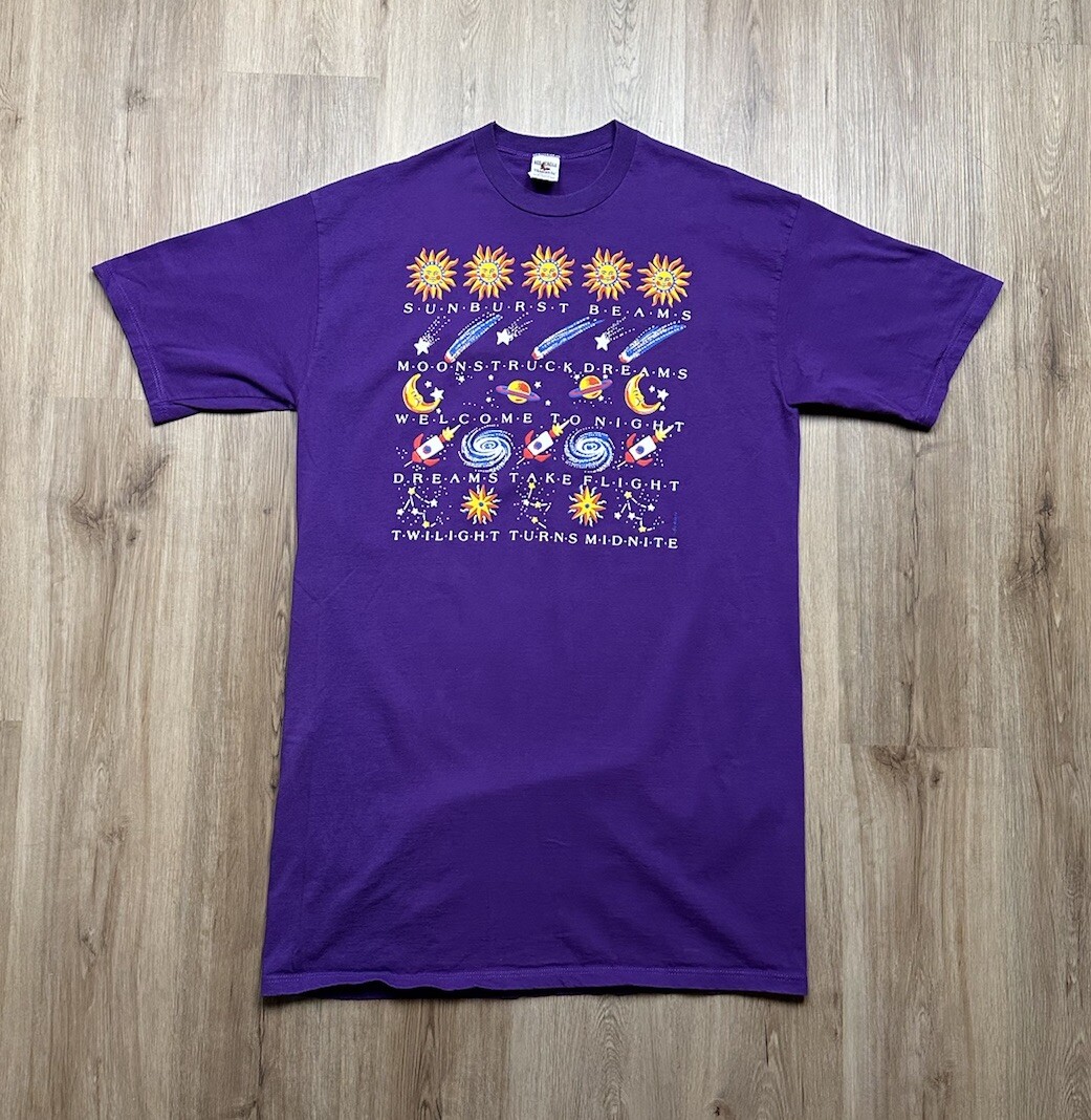 VINTAGE Welcome To Night Purple Space Galaxy Long Sleeve T-Shirt Size OSFA
