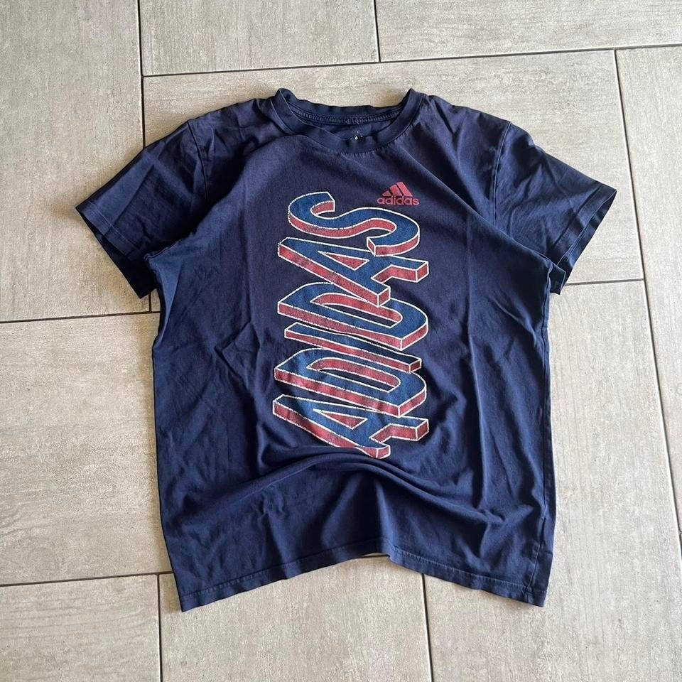 Adidas Mens Graphic T-Shirt Navy Blue Red 3D Logo Crewneck Short Sleeve Cotton