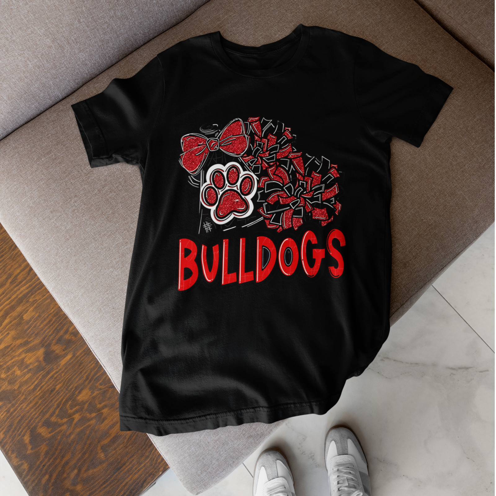 Bulldogs Cheer Shirt Paw Bow Pom Pom School Spirit Mascot Fan Tee