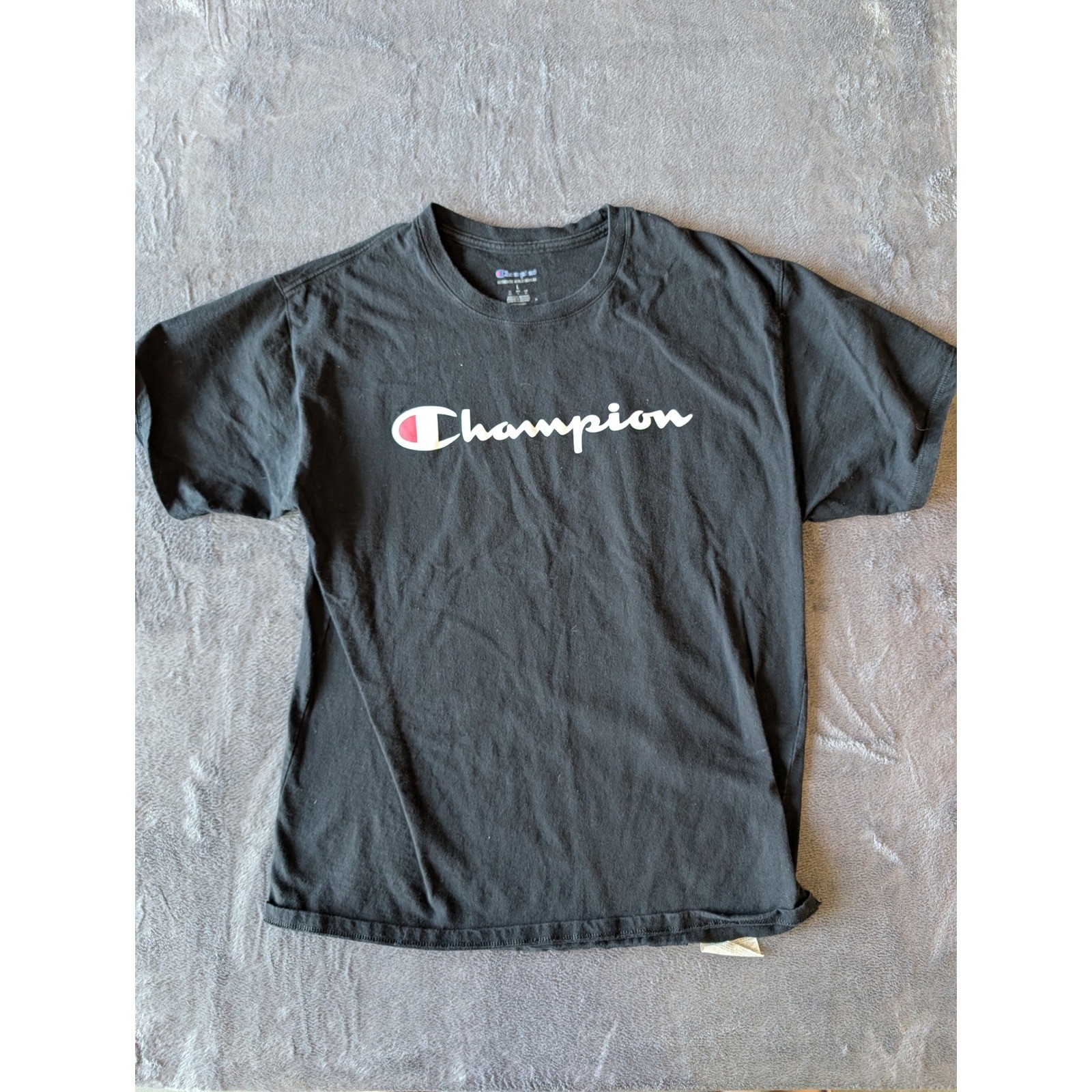 Champion Mens Script Logo Graphic T-Shirt Black Short Sleeve Cotton Size L