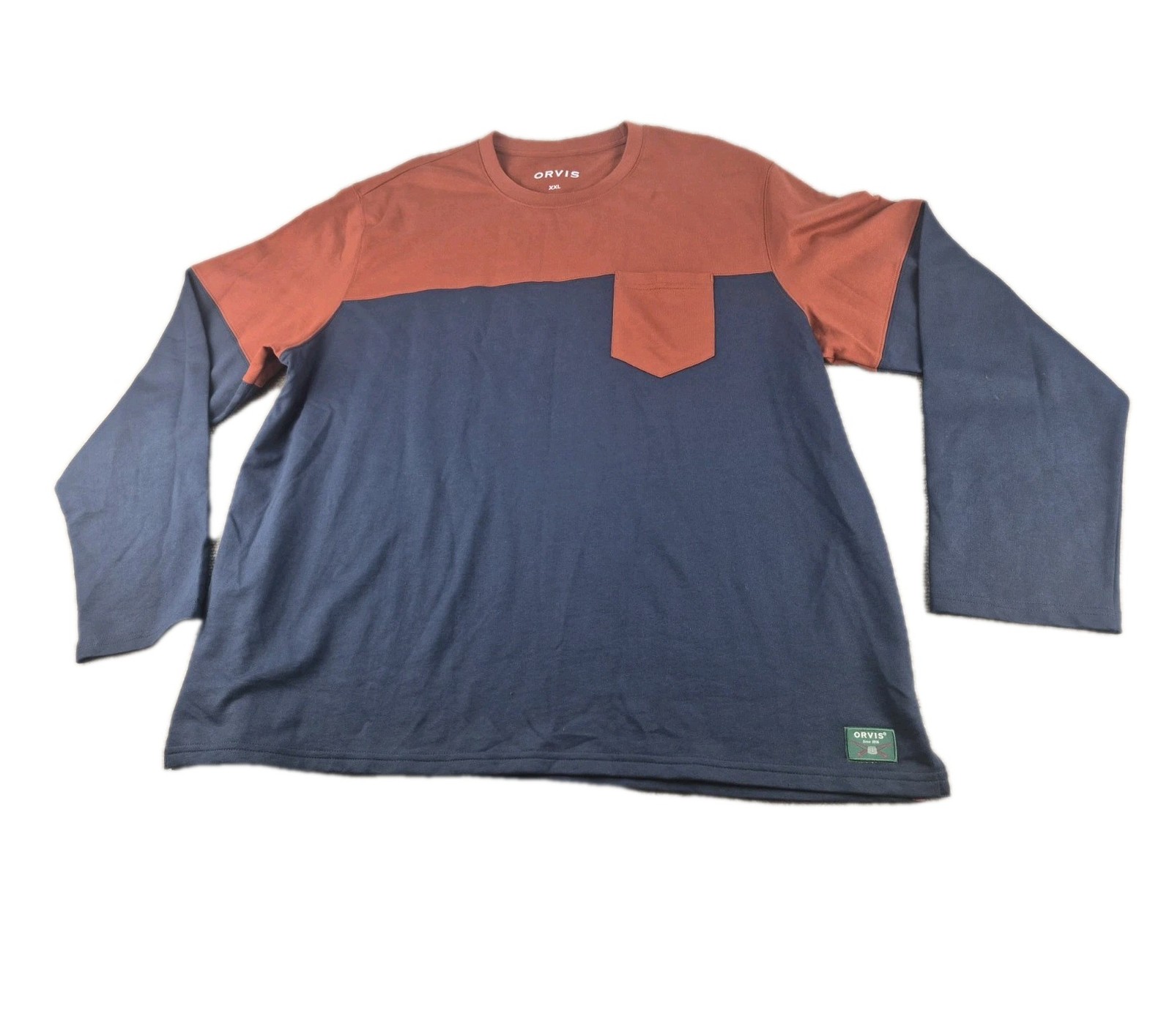 Orvis Midweight T-shirt Men Sz XXL Dark Navy/Peach Long Sleeves Cotton Pocket