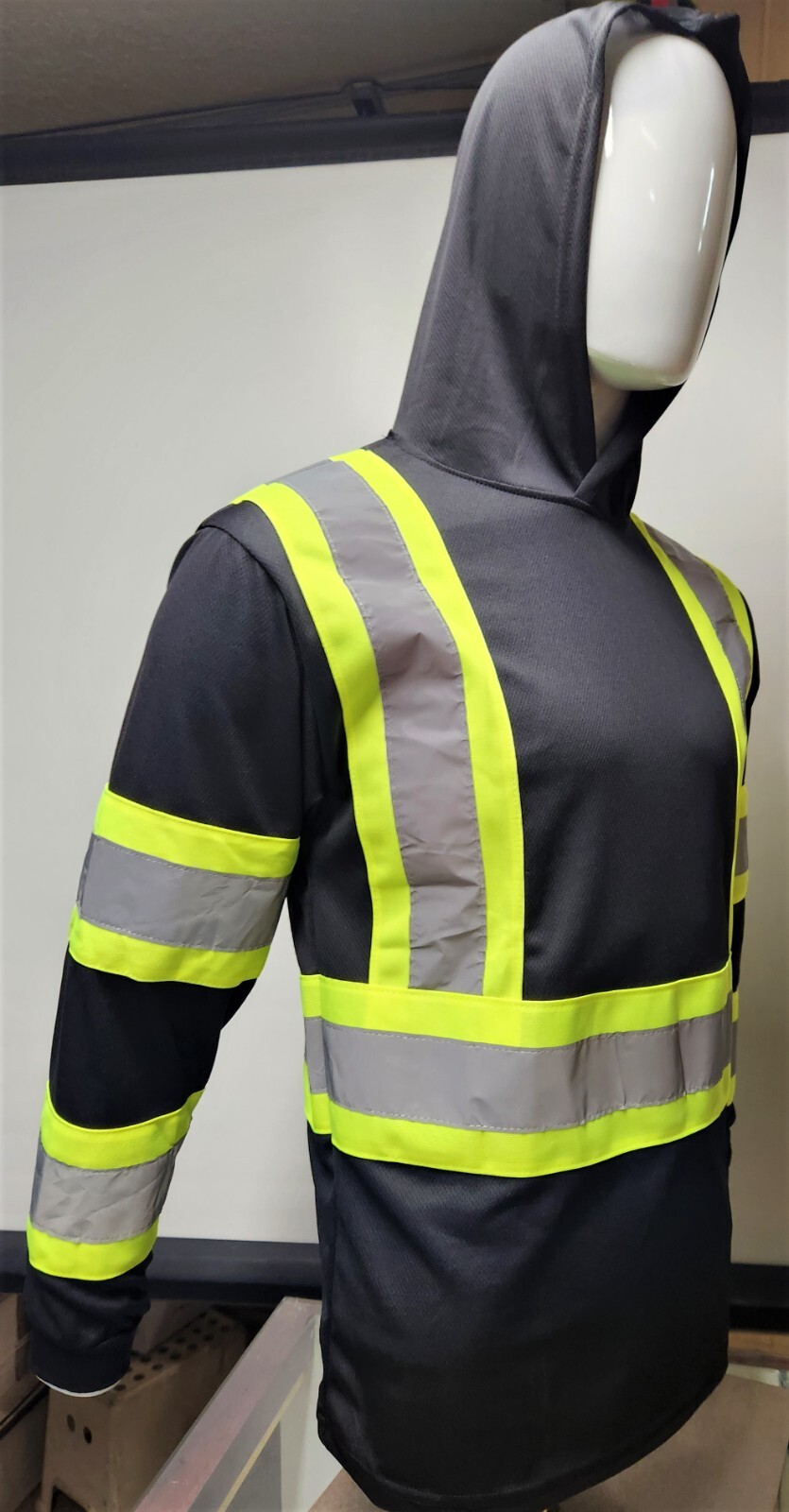 Black Long Sleeve Safety Shirt With Hoodie, Polyester Birdeye mesh Class 1