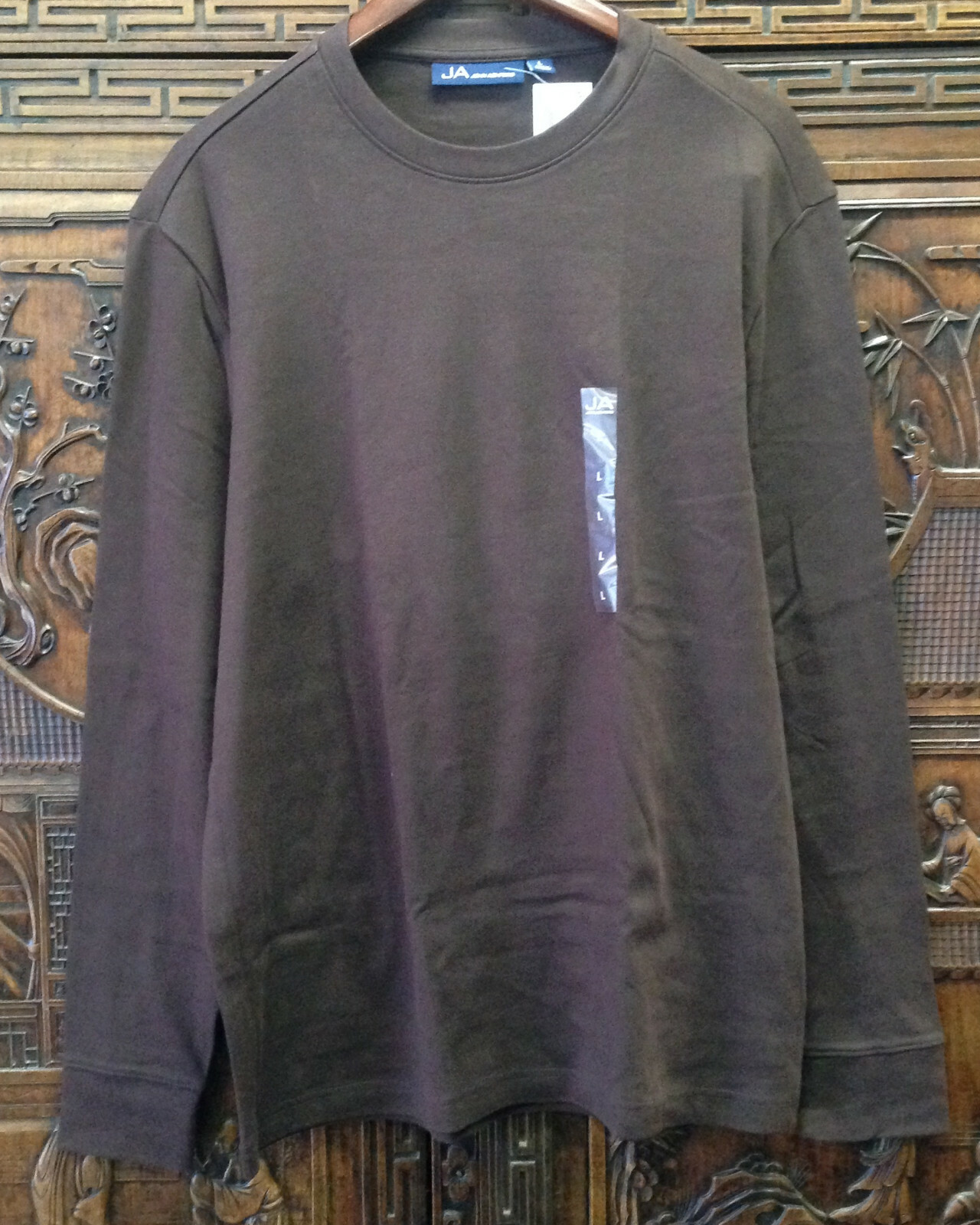 New John Ashford Mens 100% Cotton Solid Long Sleeve Basic Top, Brown, Large