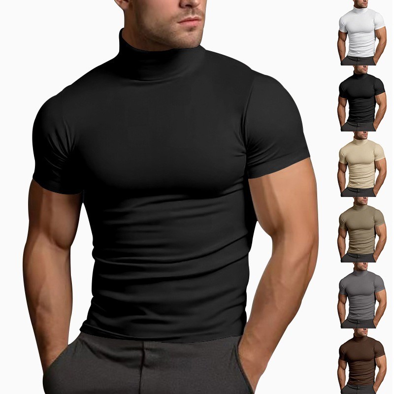 Men Solid Color Mock Neck Short Sleeve Tight Fitted Basic T Shirt Slim Casual