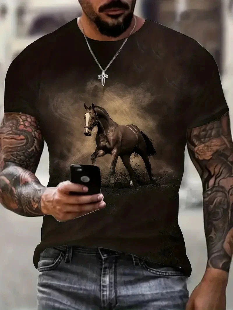 Mens 3D Horse Graphic T-Shirt Short Sleeve Animal Print Streetwear Tee