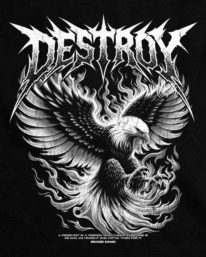 Men’s Vintage Washed Graphic T-Shirt Eagle Fire Print Gothic Streetwear Tee