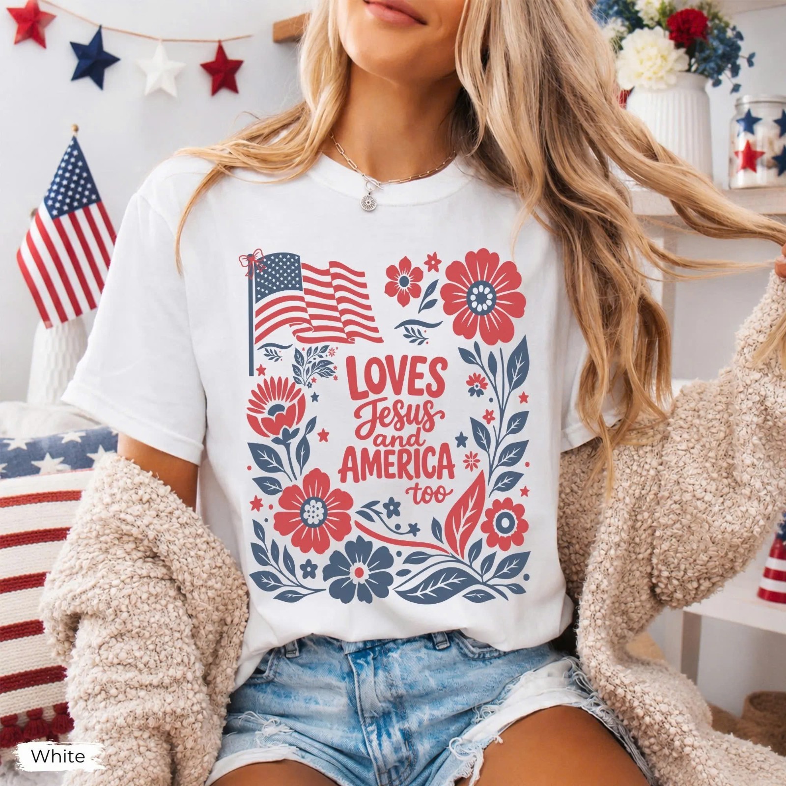 Loves Jesus and America Too Shirt, 4th of July Jesus Floral Te
