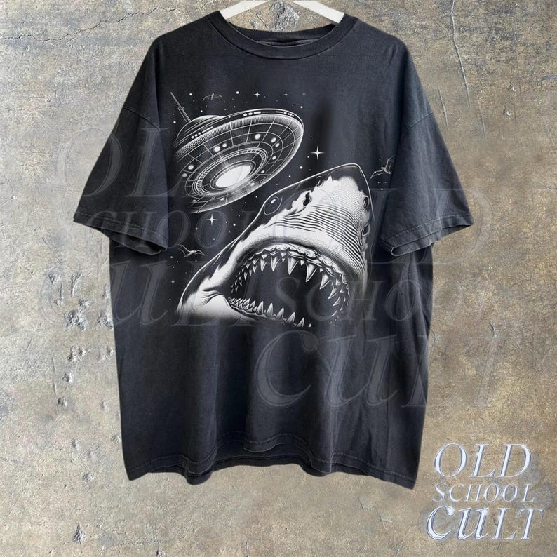 Shark Selfie With UFO Vintage 90s Style T-Shirt Retro Funny Meme Graphic Tee