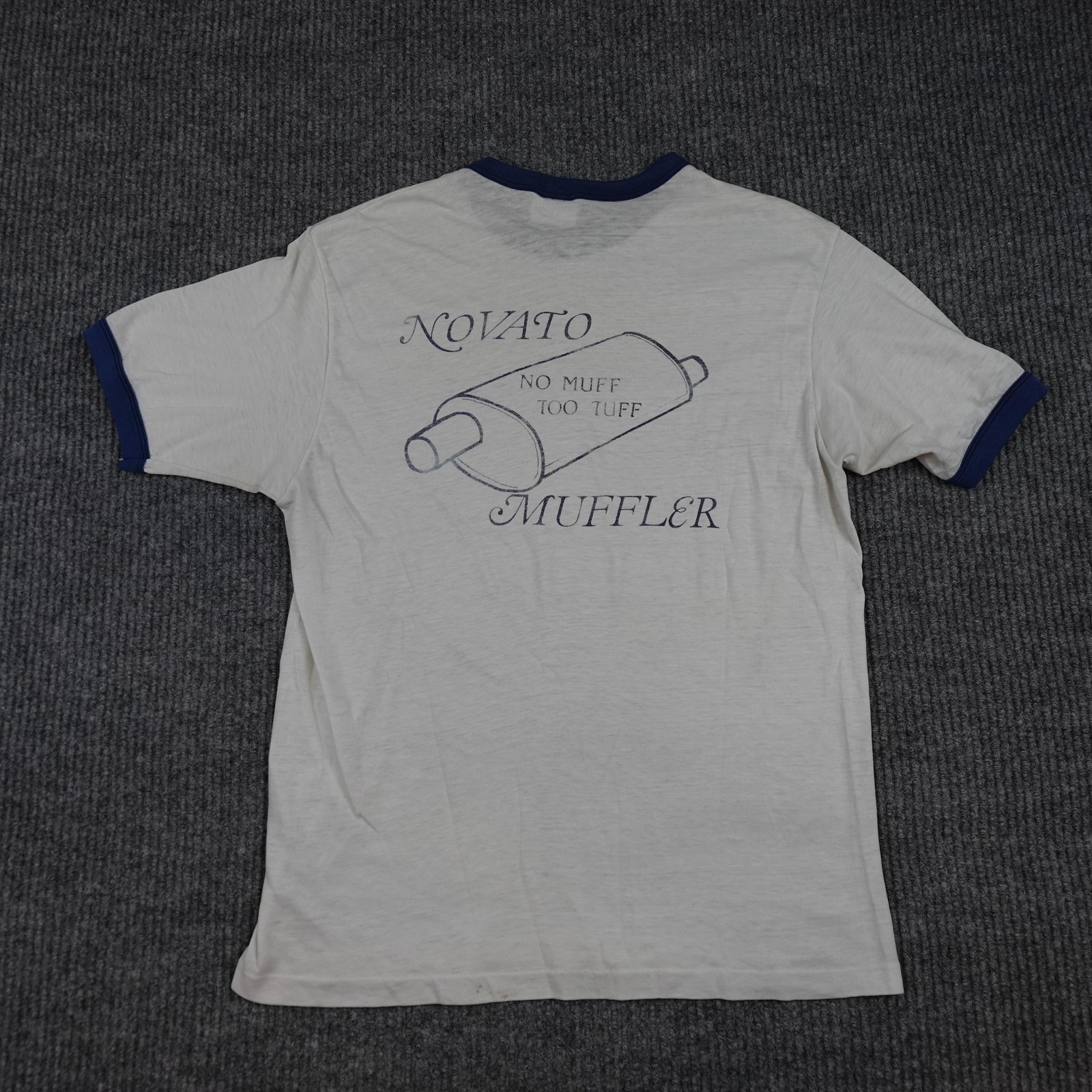 Vintage Paper Thin Novato Muffler Shirt Mens Large White Ringer No Muff Too Tuff